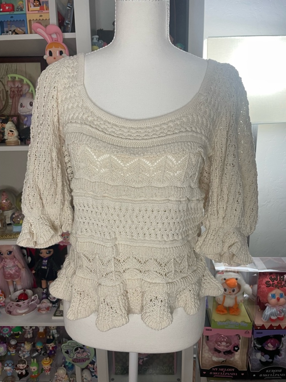 ZARA Cream Knit Peplum Top Puff Sleeve Boho Cottagecore Size M
